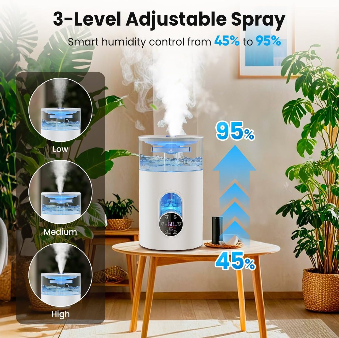 Humidifiers for Bedroom Large Room Home - GloryAir 6L Quiet Top Fill Cool & Warm Mist Humidifier with Smart Humidity Control, Remote Control, 7-Color Light, Humidistat, Oil Diffuser for Plants & Baby