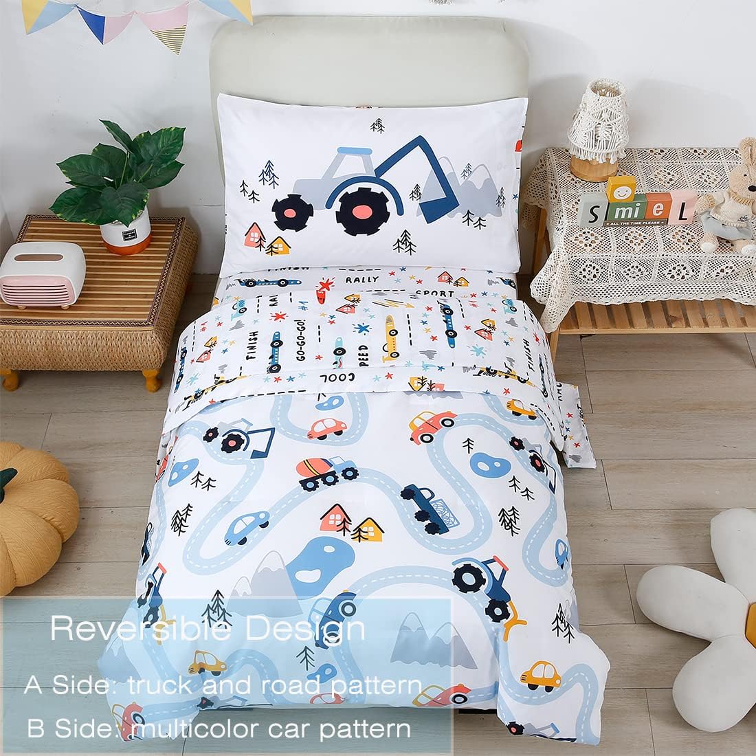 PERFEMET Car Toddler Bedding Kids 4 Pieces Bed in A Bag for Boys Vehicles Truck Toddler Girl Comforter Sets with Bed Sheets Modern Bedroom Collection, White