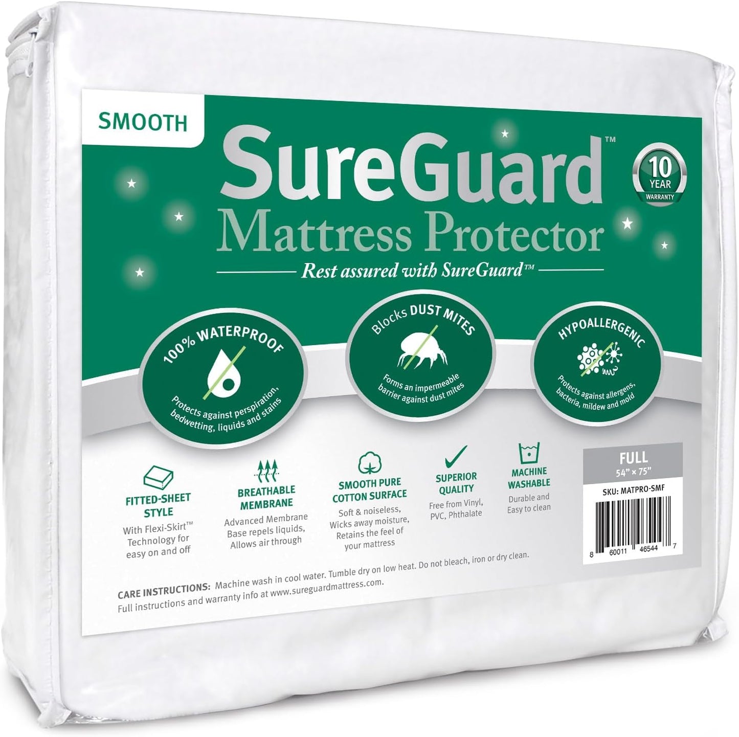SureGuard Full Size Mattress Protector - 100% Waterproof, Hypoallergenic - Premium Fitted Cotton Cover - Smooth