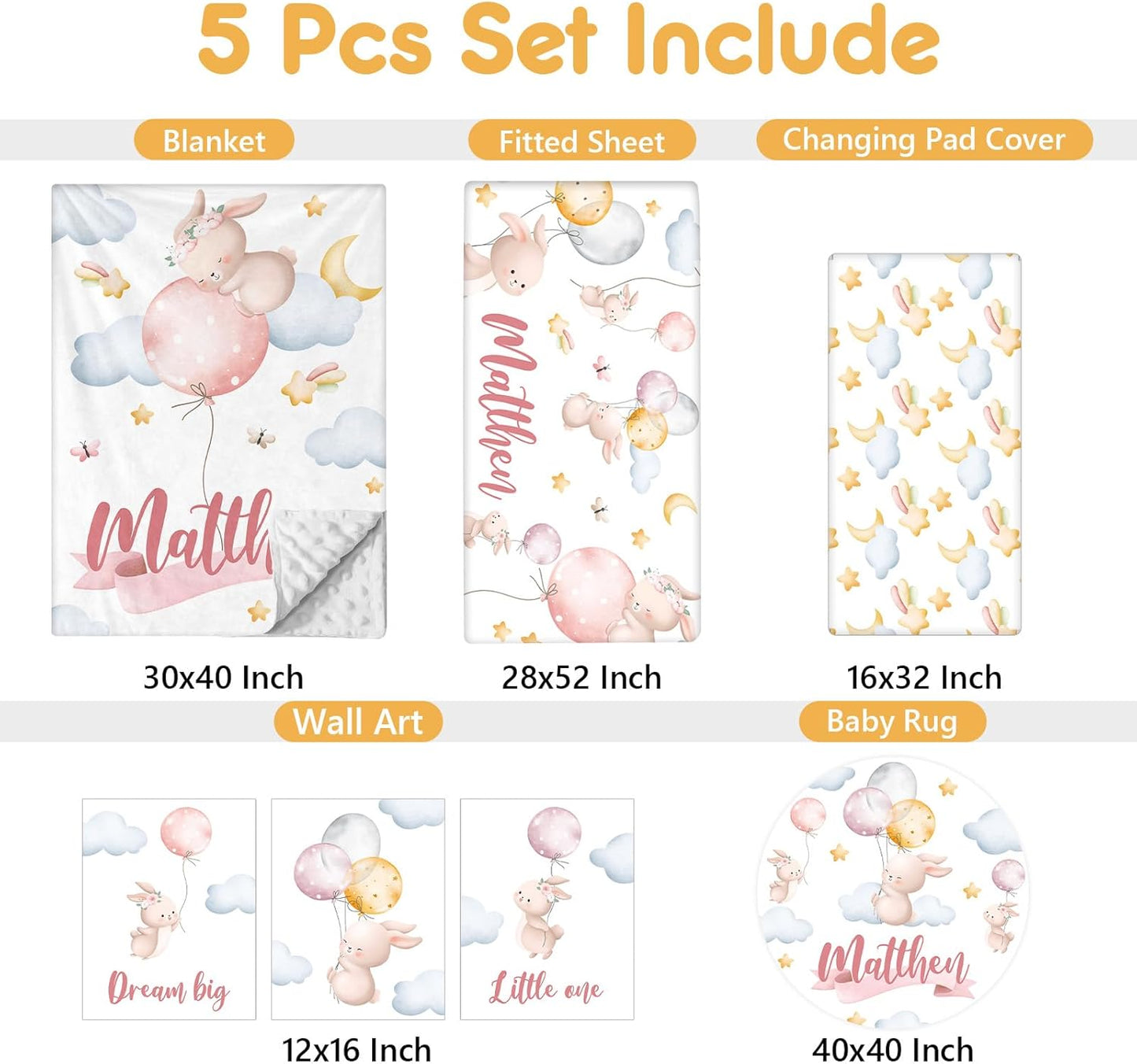 Personalized Baby Crib Bedding Set, 5 Pcs Custom Name Baby Crib Set with Double Layer Blanket, Soft Balloon Bunny Nursery Bedding Set for Girls Boys, Customized Gifts for Infants Toddlers