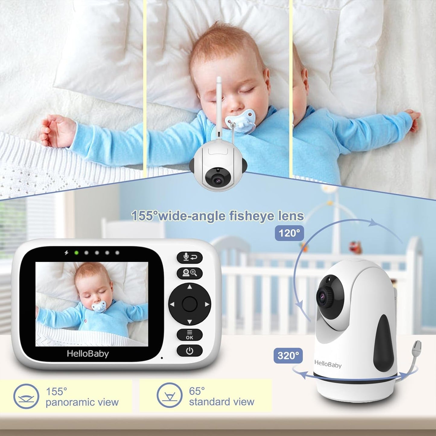 HelloBaby 3.2'' Baby Monitor 4 Cameras, Video Audio Baby Monitor No WiFi, Remote Pan-Tilt-Zoom, ECO, Night Vision, 2-Way Talk, 1000ft Range, 8 Lullabies and Temperature, Gifts for Parents and Babies