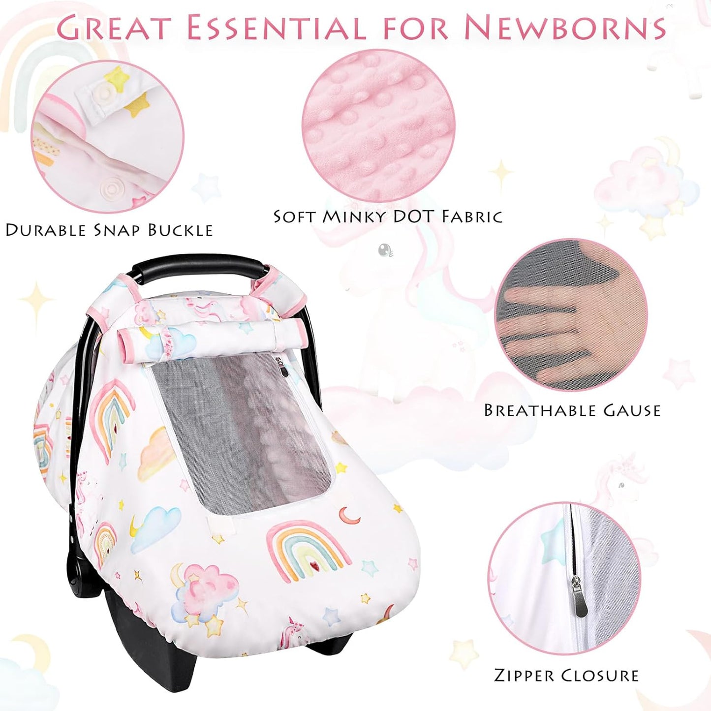 Baby Carseat Cover Girls, Pea Pod Unicorn Infant Car Seat Covers Canopy for Newborn with 2 Layers Windows of Breathable Mesh/Fabric, Lightweight Polyester/Minky Dot Backing, Snug Fit