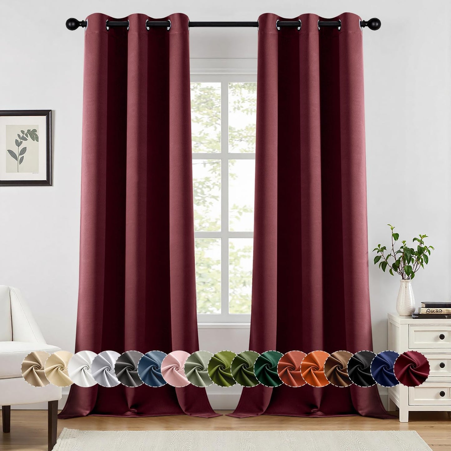 MIULEE Burgundy Red Blackout Curtains for Bedroom Living Room 96 Inches Long 2 Panels, Thermal Insulated Room Darkening Drapes Solid Grommet Top Noise Reduction Christmas Window Treatments 40x96 Inch