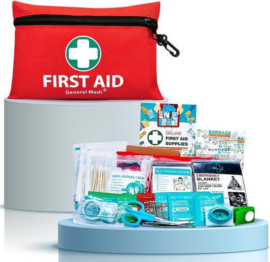General Medi Mini First Aid Kit, 110 Piece Small First Aid Kit - Includes Emergency Foil Blanket, Scissors for Travel, Home, Office, Vehicle, Camping, Workplace & Outdoor (Red)