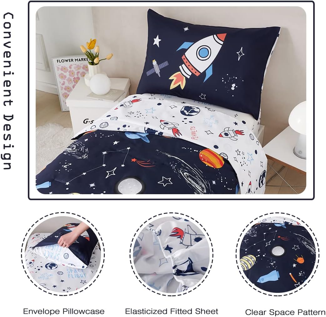 PERFEMET Twin Comforter Set 4 Piece Kids Space Rockets Comforter Bed in A Bag Soft Reversible Dark Blue Outer Space Themed Bed Set(Dark Blue, Planet/Rocket)