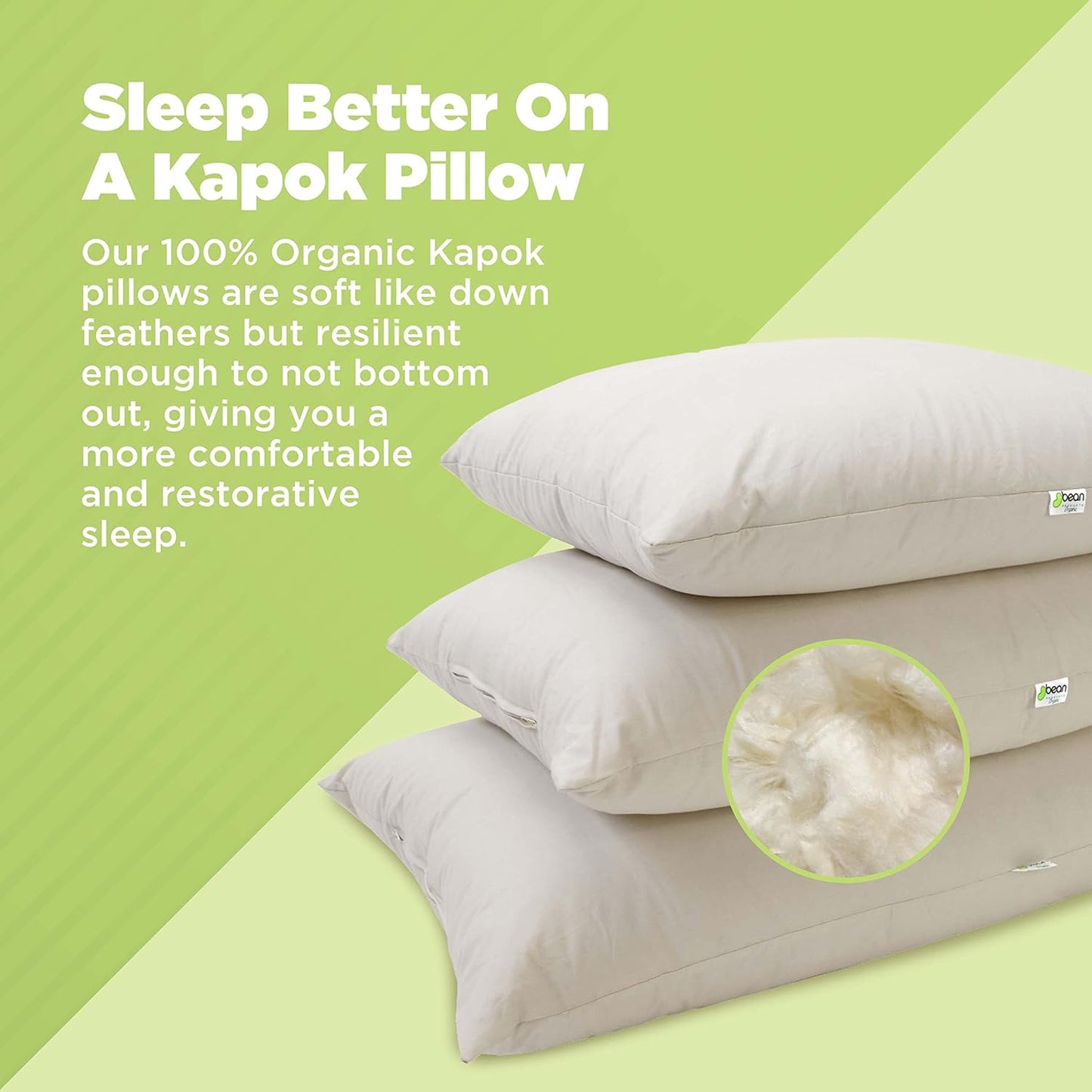 Bean Products Kapok 20" x 36" King Pillow - Breathable, Eco-Friendly and Durable Organic Cotton Fabric Bed Pillow - Soft and Supportive Pillow for Sleeping, Made in The USA