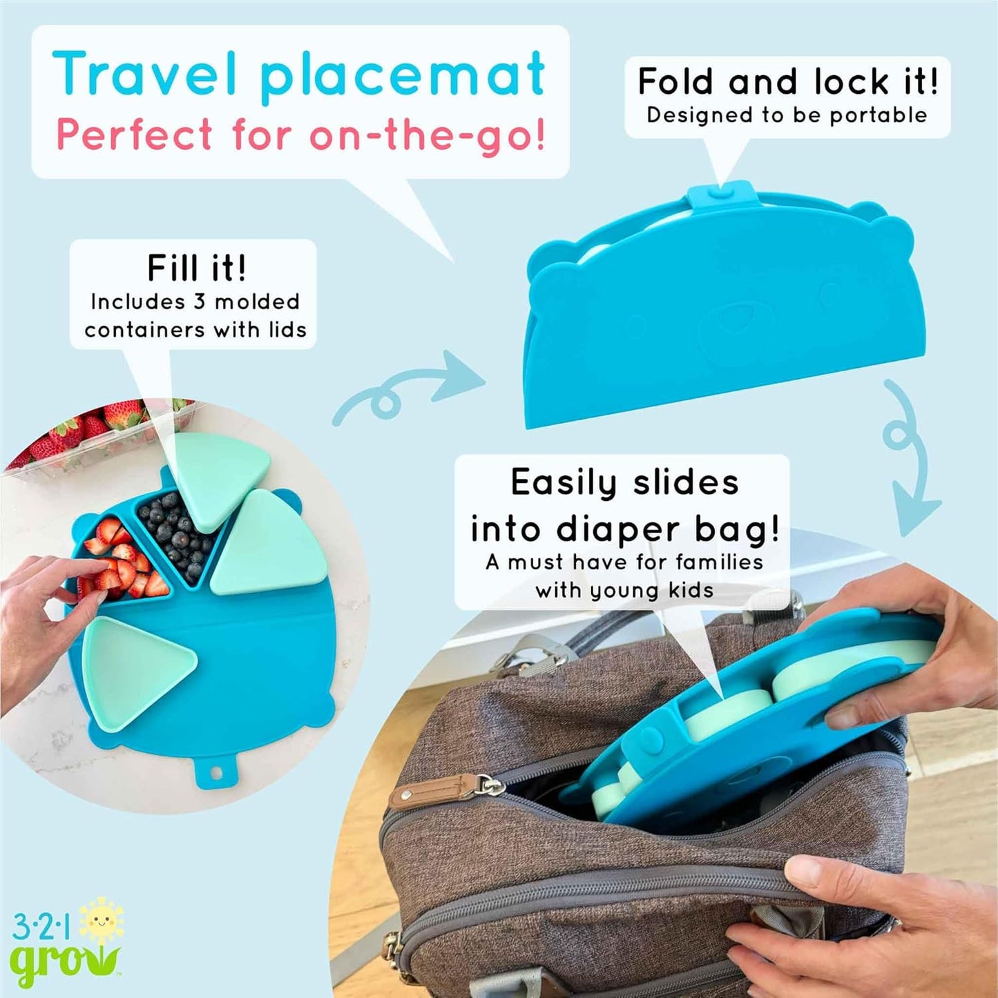 Silicone On-The-Go Snack Mat – Foldable Reusable Placemat with 3 Compartments and Lids – Travel-Friendly Baby and Toddler Snack Plate – Dishwasher Safe (Ocean)