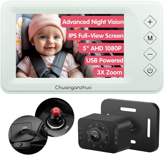 Baby Car Camera with Advanced Crystal-Clear Night Vision, 3X Zoom, USB Powered, 5'' AHD 1080P IPS Car Baby Monitor, Backseat Camera for Kids Infants Rear Facing Mirror, 5inch, Green
