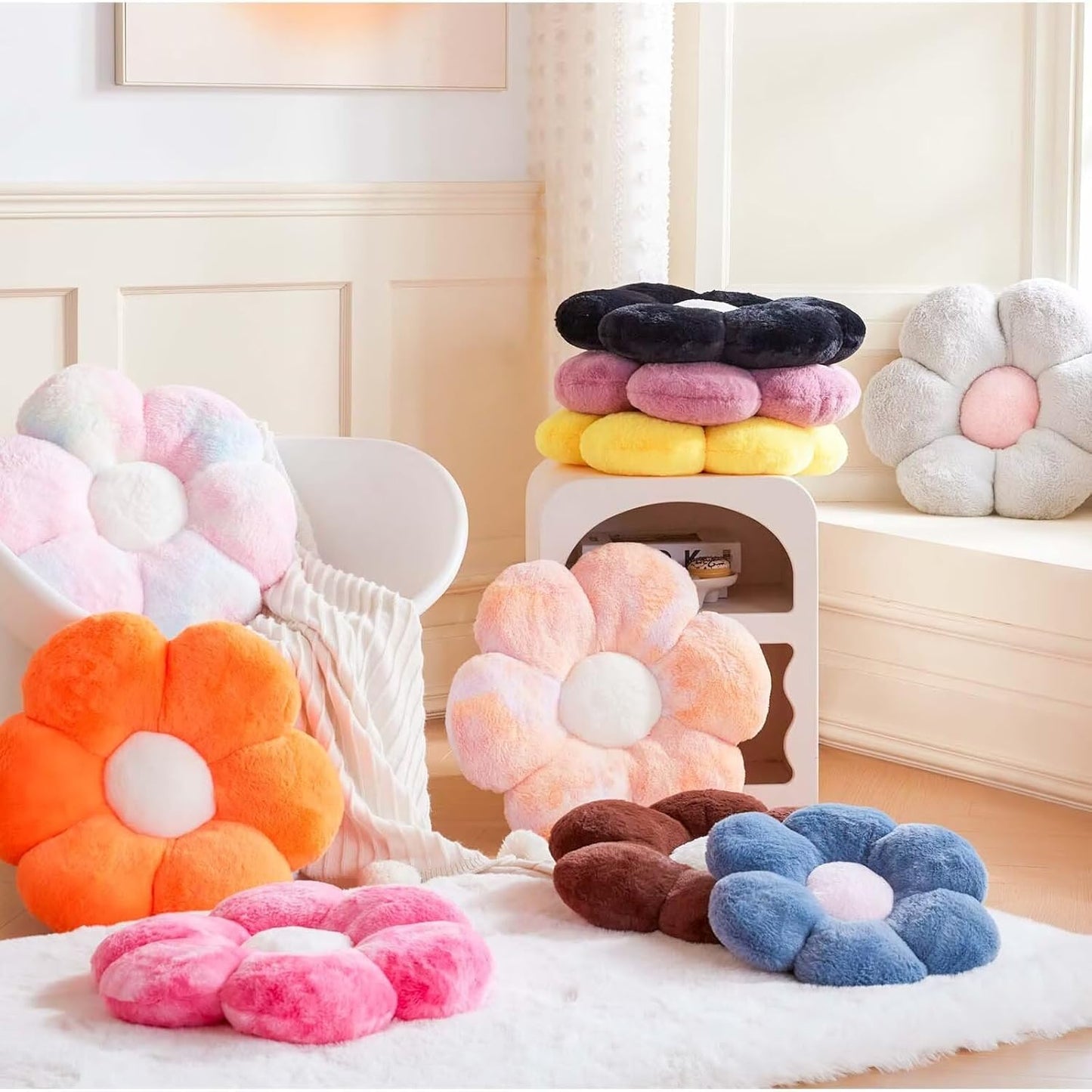 Rainbow Pink Flower Pillow, Cute Decorative Flower Shaped Throw Pillow with Faux Rabbit Fur, 19.6" Soft Flower Plush Throw Pillow Floor Pillows Room Décor for Bedroom Living Room