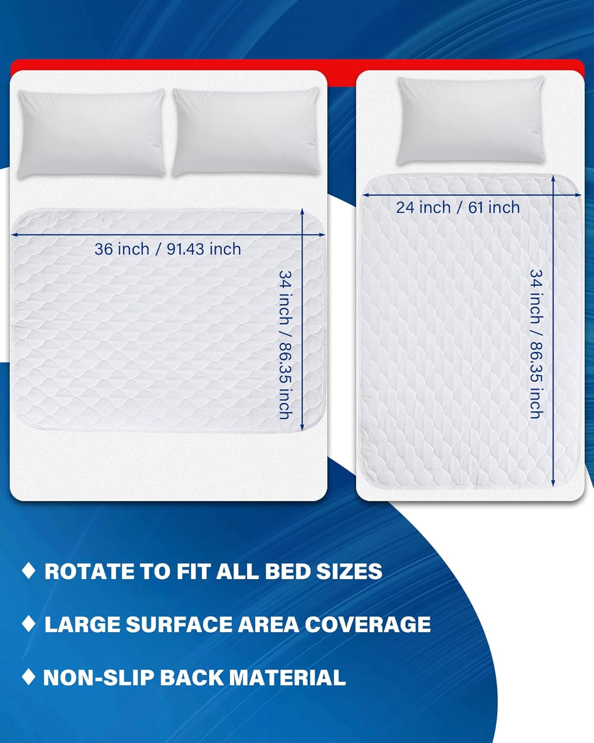 Washable Waterproof Incontinence Bed Pads - 34 x 36 Inch Reusable Underpad Sheet for Chair, Sofa and Mattress Protectors Pack of 3