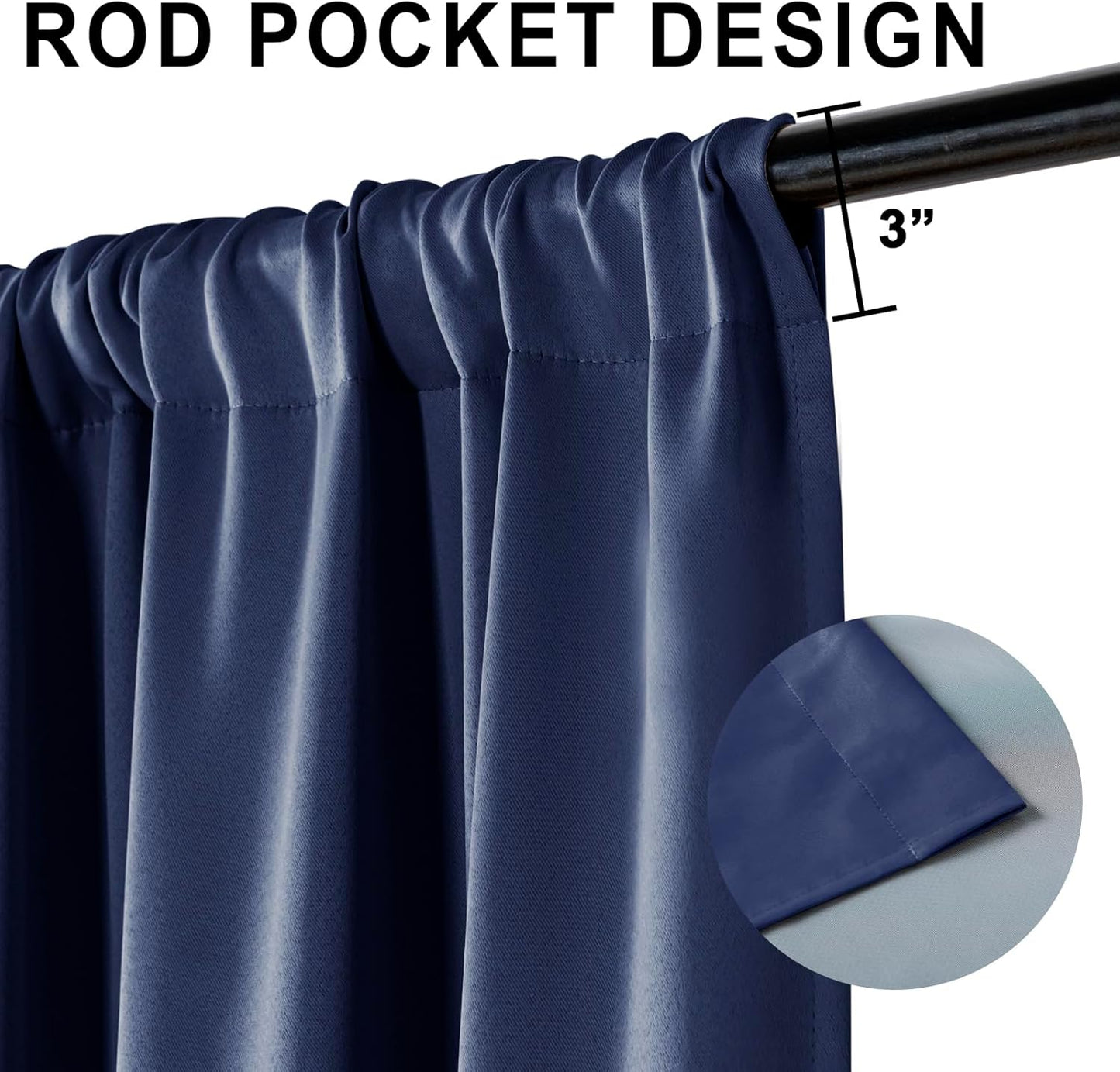 XWZO Full Shading Blackout Curtains 84 Inches Long with Tiebacks- Heat and Light Blocking Rod Pocket Window Drapes with Black Liner Backing for Bedroom/Kid's Room, Navy Blue, W52 x L84, Set of 2