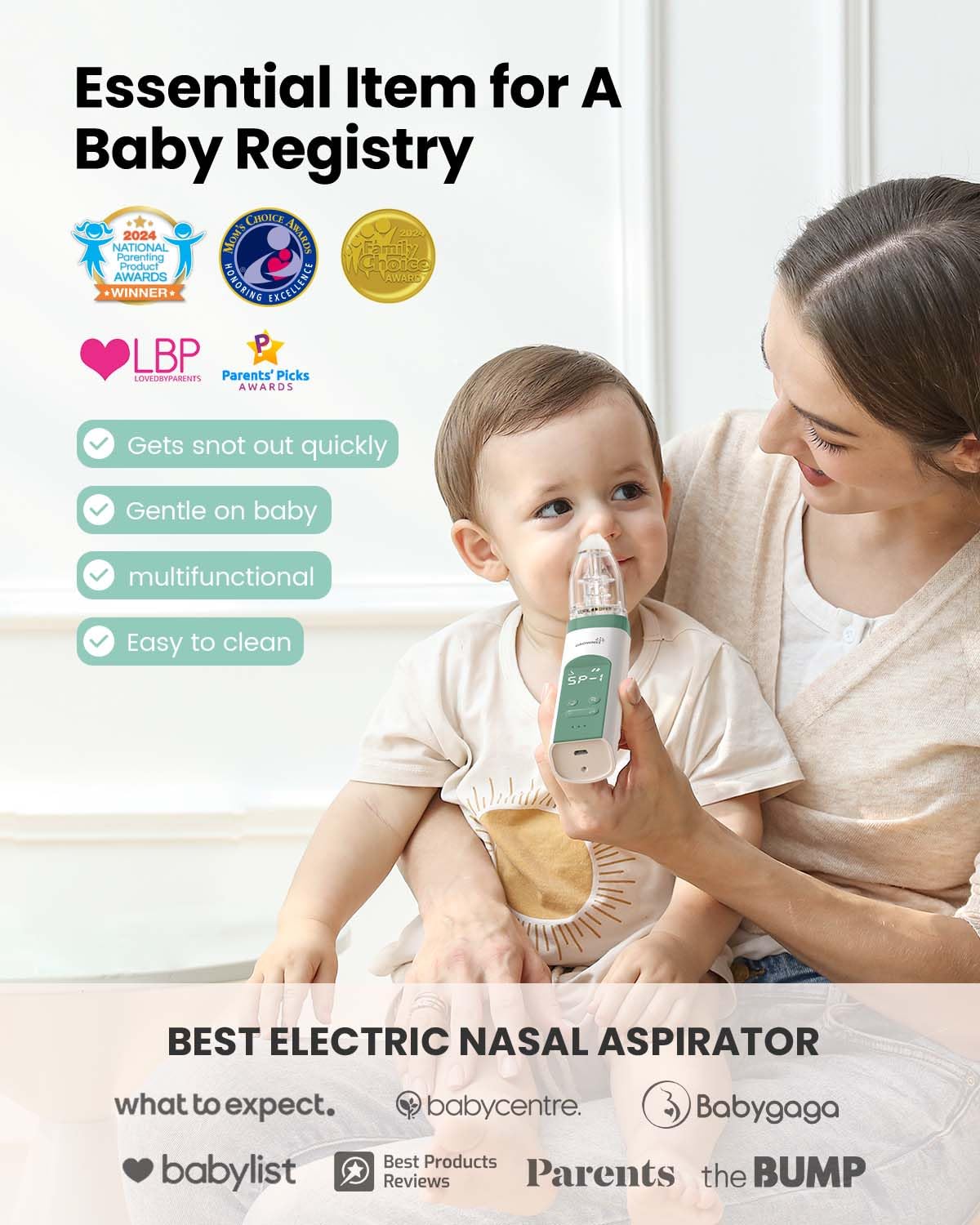 GROWNSY Nasal Aspirator for Baby, Electric Nose Aspirator for Toddler, Baby Nose Sucker, Automatic Nose Cleaner with 3 Silicone Tips, Adjustable Suctions, Music and Light Soothing Function (Green)