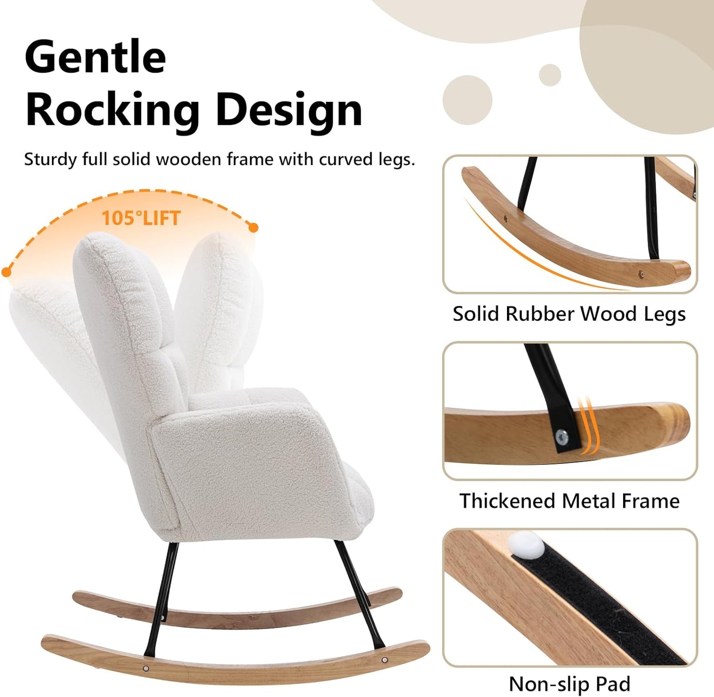 NIOIIKIT Nursery Rocking Chair Teddy Upholstered Glider Rocker Rocking Accent Chair Padded Seat with High Backrest Armchair Comfy Side Chair for Living Room Bedroom Offices (Ivory Teddy)