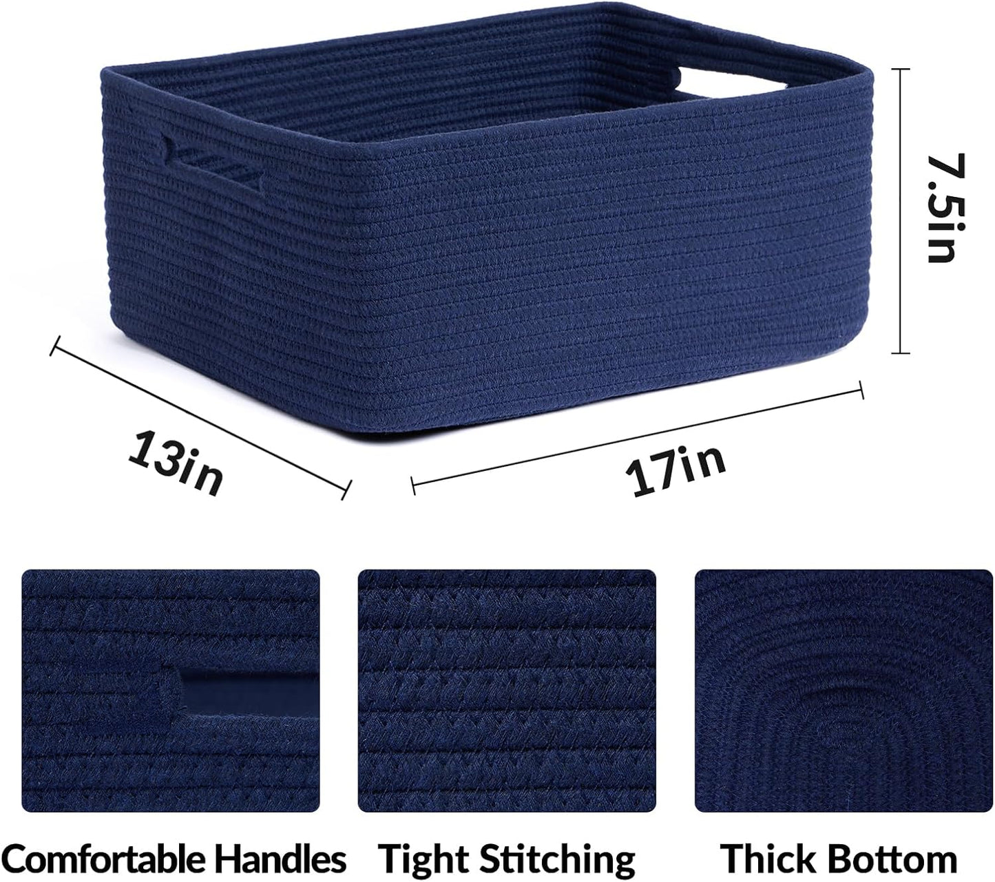 Large Storage Baskets for Shelves, Closet Organizers Bins for Clothes Blanket Towels, Baby Nursery, Toy Baskets Box, Woven Rope Baskets, 17 x 13 x 7.5”, 2 Packs Navy Blue