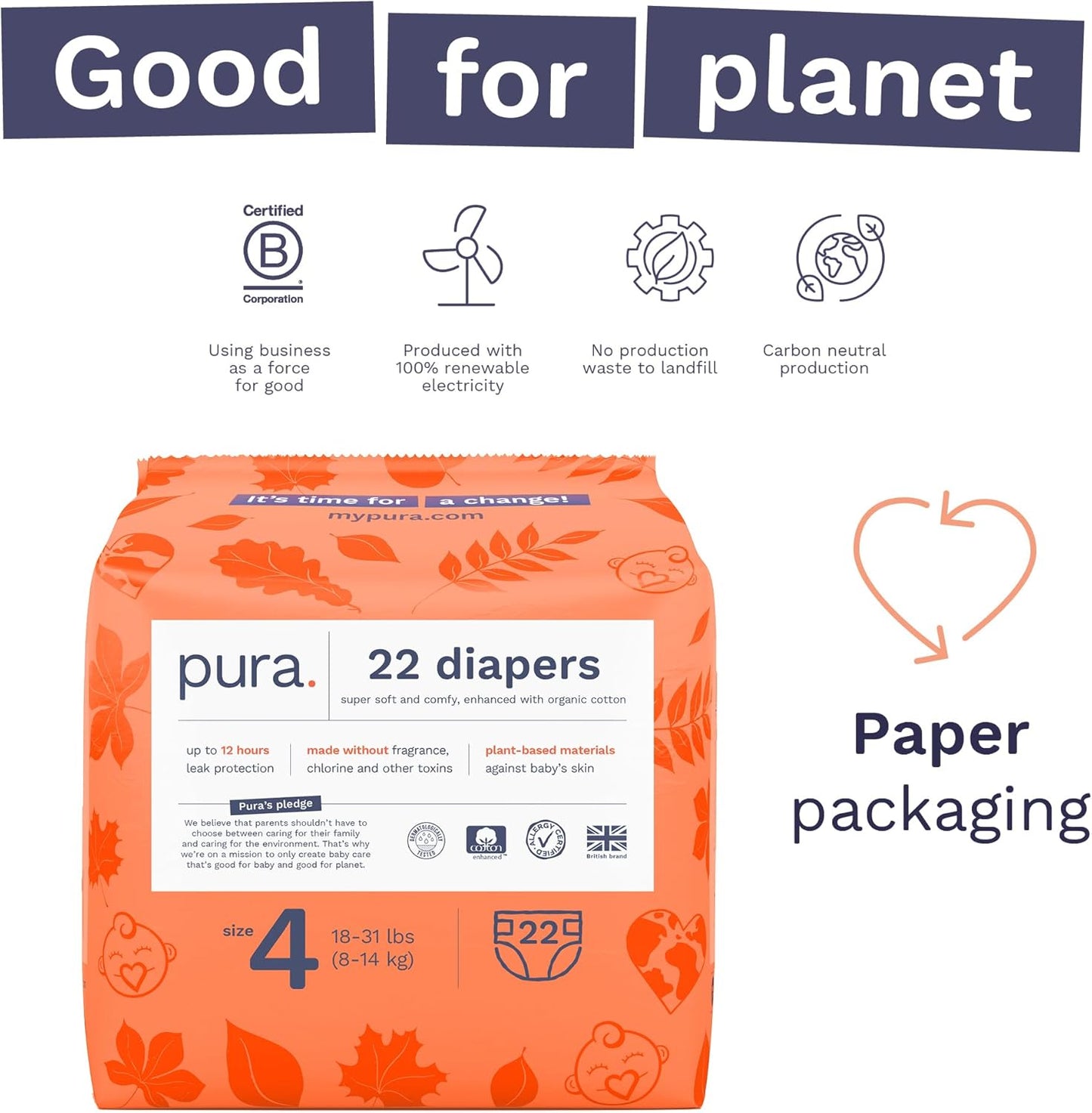 Pura Size 4 Diapers, 66 Count, Unisex, Organic Cotton, Leak-Free, Plant-Based, Dermatologically Tested, Allergy-Certified, Carbon Neutral, B-Corp
