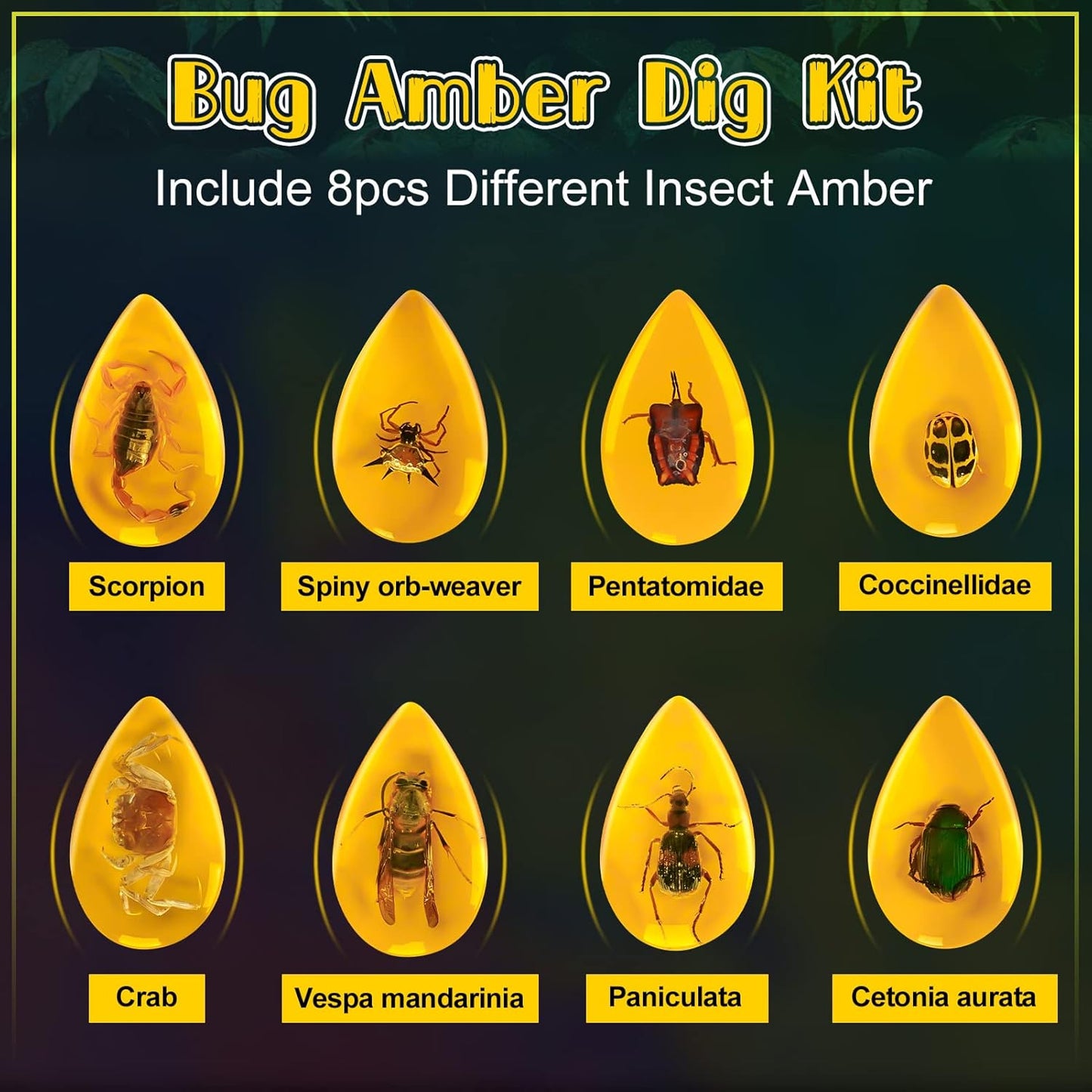 Bigger Amber Dig Kit - 8 Different Artificial Insect Resin,Excavate Unique Insect Specimens,Bugs Toys Educational Science Kits Toys for Kids,STEM Projects Gift for Girls & Boys Age 6-8-12-14 Year Old