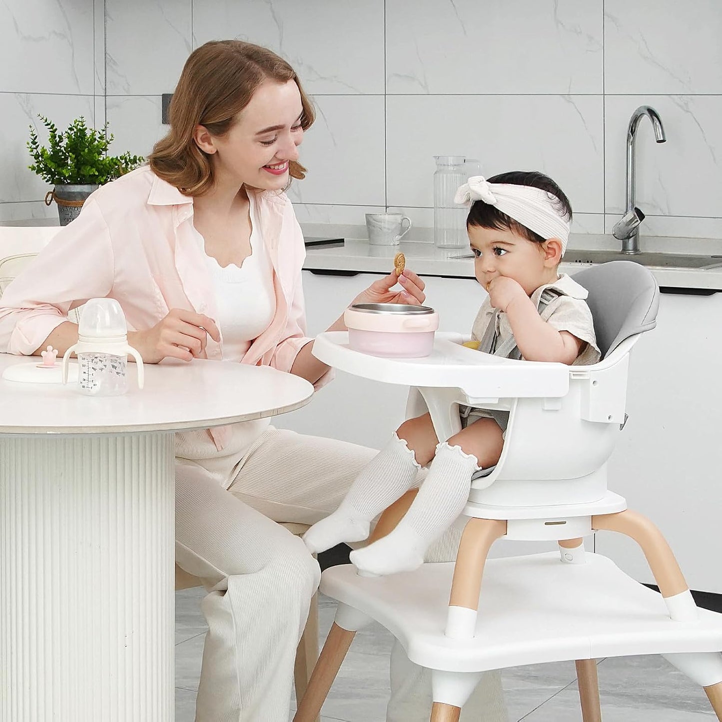 Baby High Chair, 7 in 1 Convertible High Chairs for Babies and Toddlers, Kids Learning Table, Building Block Table, Toddler Dining Chair with 360° Rotating Seat, 5-Point Safety Harness (Grey)