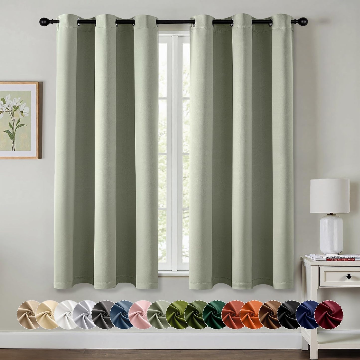 MIULEE Sage Green Blackout Curtains for Bedroom Living Room 63 Inches Long 2 Panels, Thermal Insulated Room Darkening Drapes Solid Grommet Top Noise Reducing Light Green Window Treatments 40x63 Inch