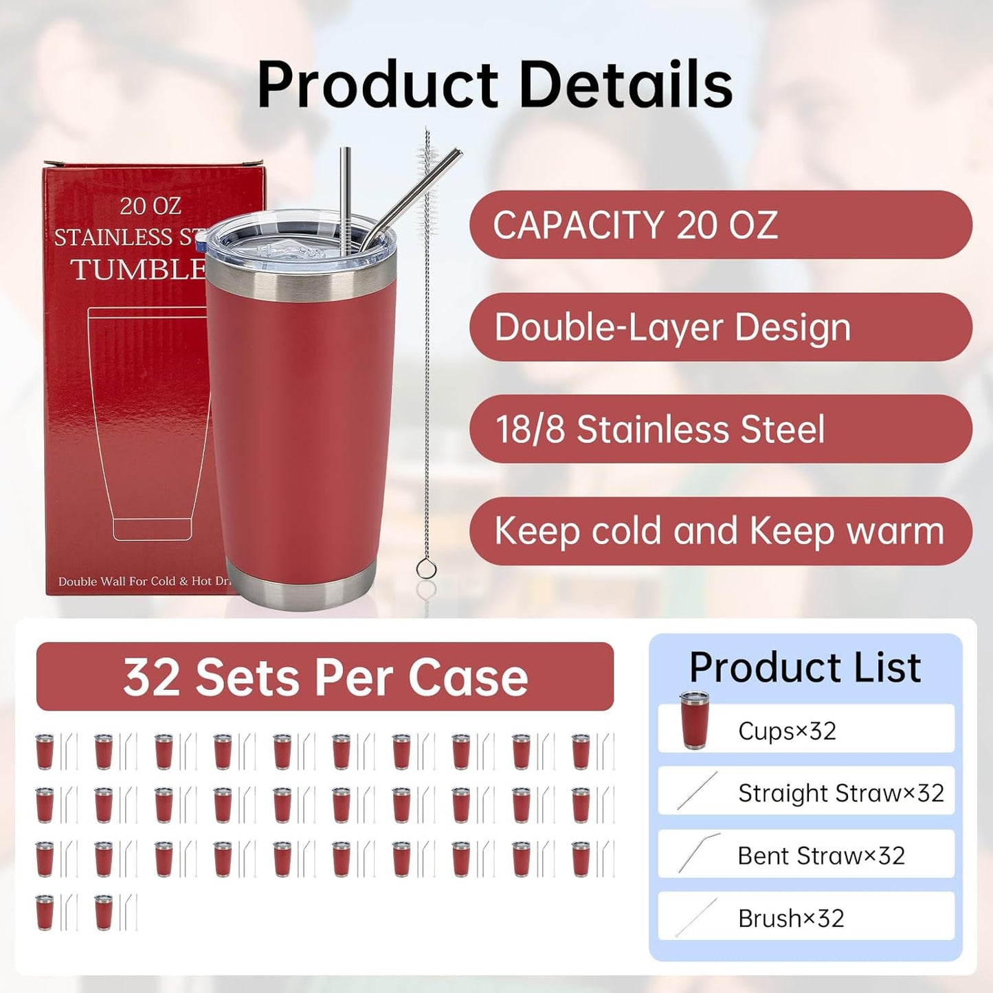 IEOVIEE 32 Pack 20oz Stainless Steel Bulk Tumblers with Lids and Straws Double Wall Insulated Travel Mug Durable Powder Coated Tumbler Bulk Cup for Cold and Hot Drinks(Red)