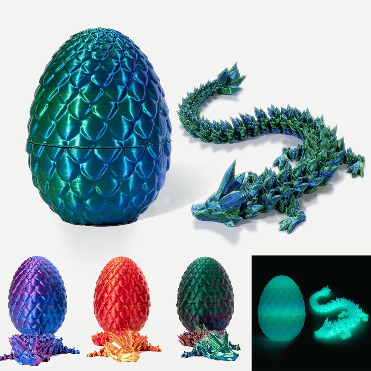 Surprise 3D Printed Dragon Egg Articulating Gemstone, 3D Printed Dragons, Relief Anxiety - Articulated Joints for Kids and Adults Home Office Decor Executive Desk Decor (Green)