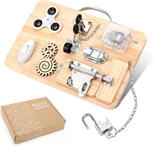 Wooden Montessori Toys Busy Board for 1 2 3 4 Year Old, Baby Toddler Sensory Toys, for Fine Motor Skills, for Autism ADHD