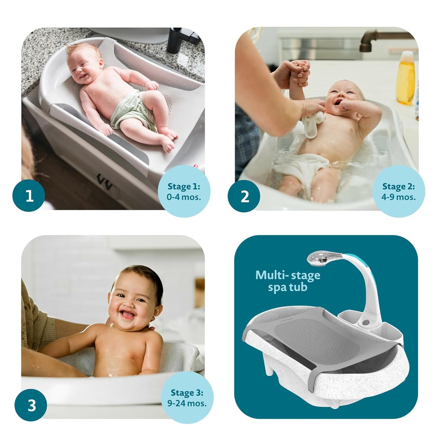 The First Years Rain Shower Baby Bathtub Set - Includes Infant Sling, Soothing Spray Shower Head, Fresh Water Tank and Built in Soft Brush - 3 in 1 Grow with Me Design - Baby Bath Essentials