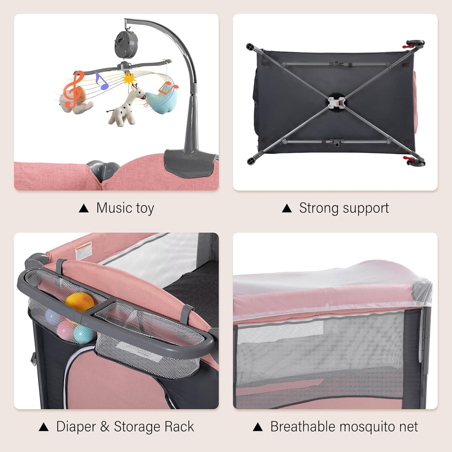 5 in 1 Baby Crib,Baby Bassinet, Bedside Cribs, Pack and Play with Changing Table, Portable Travel bedToys & Music Box,Mattress for Girl Boy Infant Newborn (Pink)