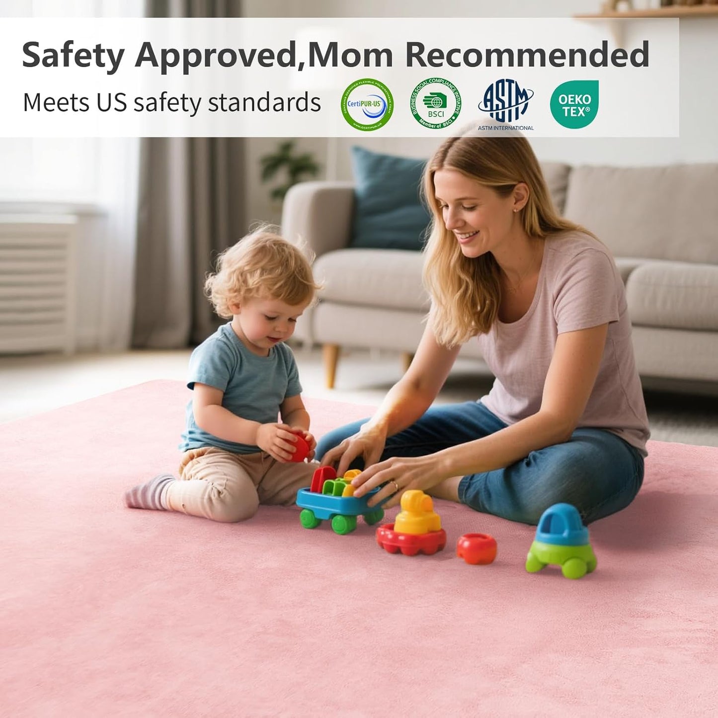 Baby Play Mat for Floor,1.3" Thick Elasti-Foam 50"×74" Playpen Mat for Tummy Time,Water Repellent Soft Coral Velvet for Toddler,Infant,Kids,Non-Slip Backing Safe for Crawling(Pink)