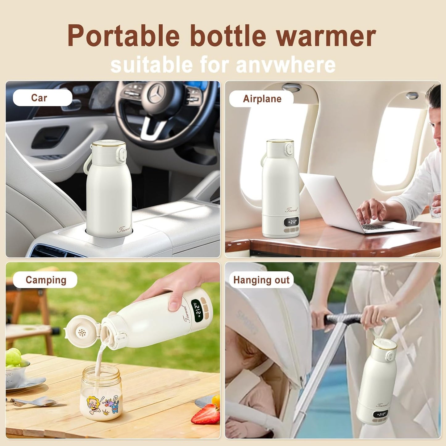 Portable Bottle Warmer for Travel Portable Milk Warmer for Baby Travel,Multi-Speed Keep Warm Function, 95-212℉ 17oz Capacity,66W Battery,24hrs Keep Warm,Best Choice for Travel Bottle Warmer on The Go