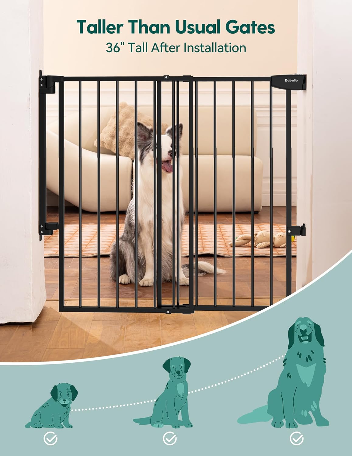 Babelio 34" Tall No Bottom Bar Baby/Dog Gate for Stairs, House and Doorways, 29.7-46.5" Auto Close Safety Pet Gates with Large Walk Thru Door, Hardware Mount, Black
