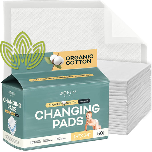 Organic Cotton Disposable Changing Pad Liners | Large 18x24 Hypoallergenic Ultra Absorbent & Waterproof Super Soft, Quilted Underpads for Baby Diaper Table & Travel, Leak Proof & Mess Free [50-Pack]