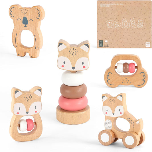 Freniland Wooden Montessori Toys, 5-Piece Wooden Baby Toys, Koala Wooden Baby Rattle, Fox Stacking Ring Baby Toys, Little Fox Wooden Baby Push and Pull Toys,Newborn Baby Gift Sets for Boys and Girls