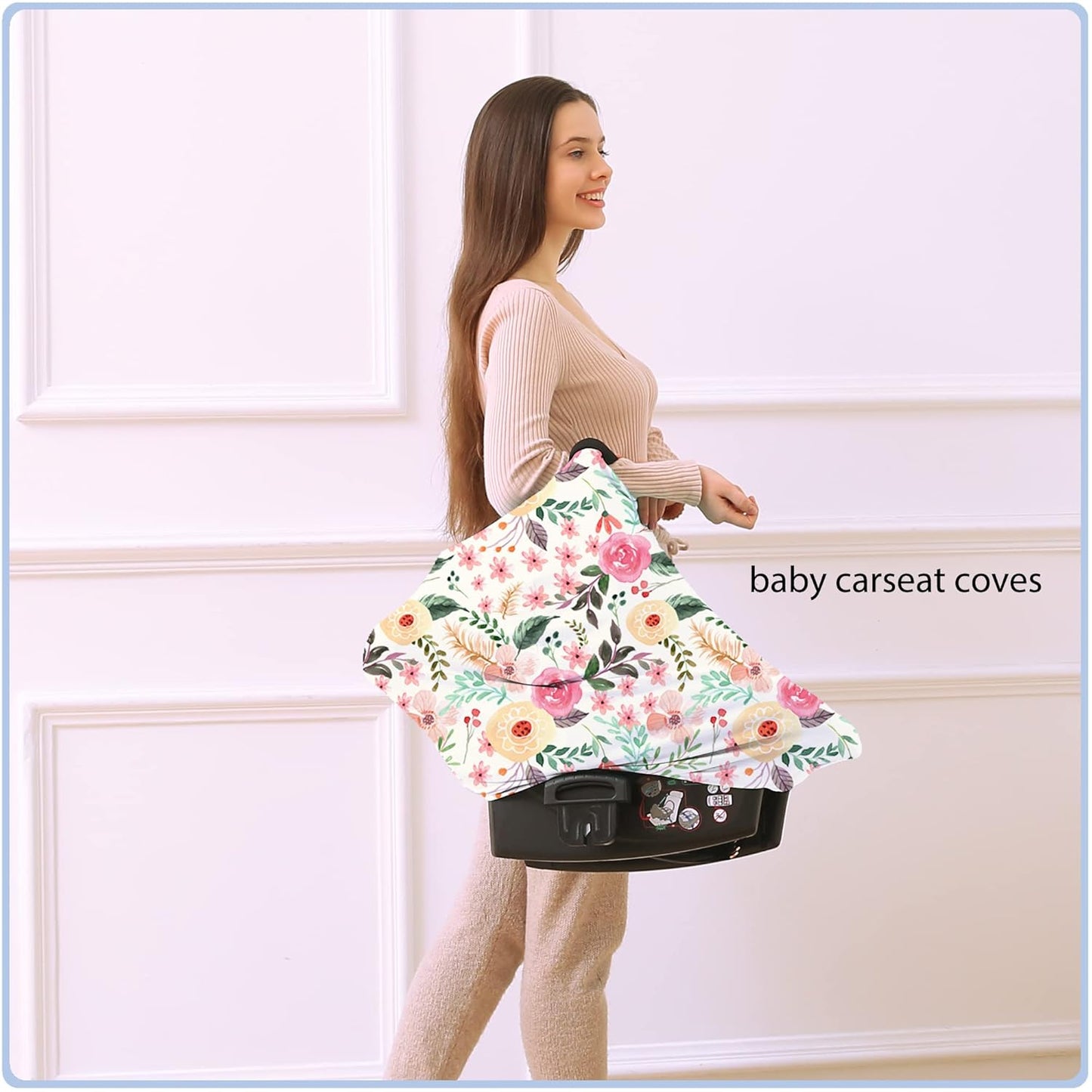 Nursing Carseat Canopy Breastfeeding Cover - Multi-use Stretchy Car Seat Covers for Babies, Baby Shower Gifts (Pink Floral)