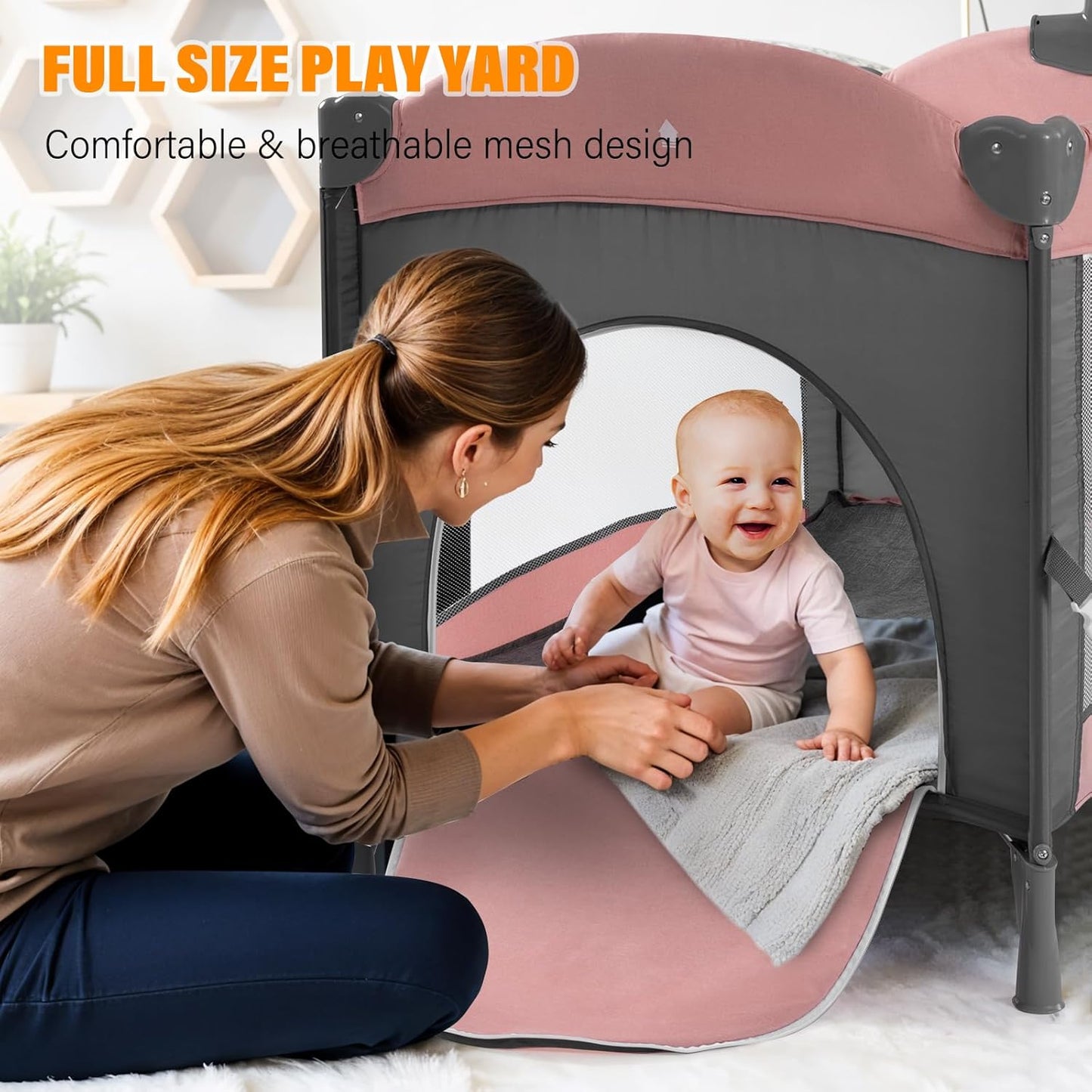 5 in 1 Baby Crib,Baby Bassinet, Bedside Cribs, Pack and Play with Changing Table, Portable Travel bedToys & Music Box,Mattress for Girl Boy Infant Newborn (Pink)