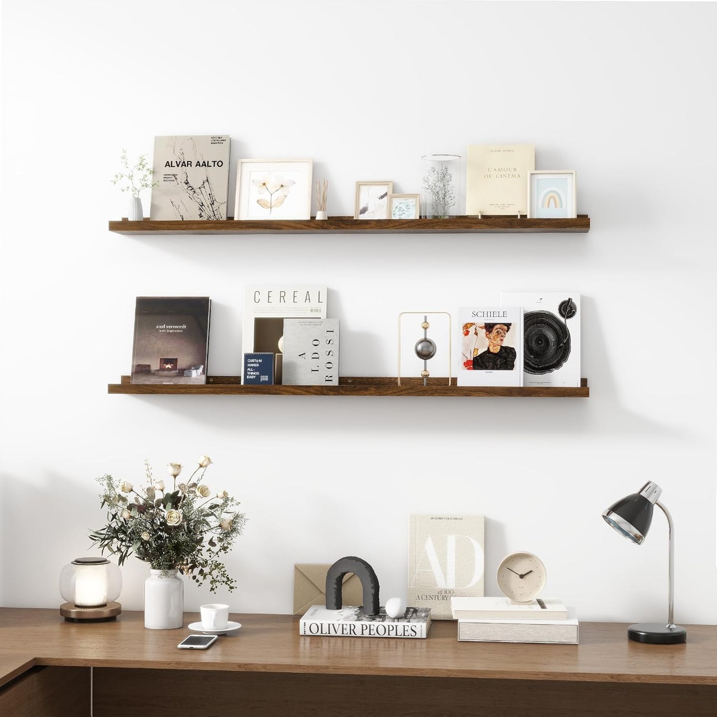 Picture Ledge Shelf, Wood Long Floating Shelves for Wall, Set of 2, 48 inch Picture Ledge Shelves, Photo Ledge Nursery Book Shelves Wall Mounted for Living Room Kids' Room Bedroom, Color Walnut