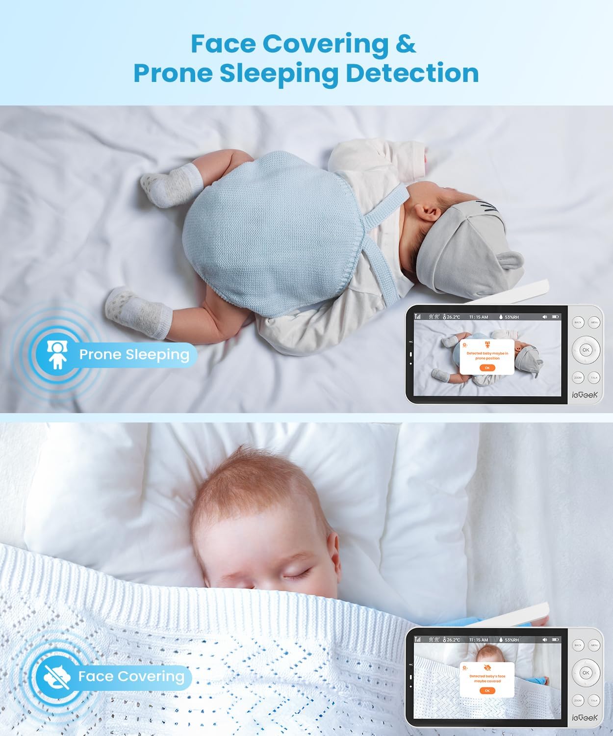 ieGeek 5.5" Baby Monitor,Audio Monitor with 2.5K Ultra HD 2.4G&5Ghz WiFi Camera,Night Light,Face Covering&Cry Detection,Two-Way Talk,Night Vision,Temp&Humidity Sensor,4000mAh Battery,App Control
