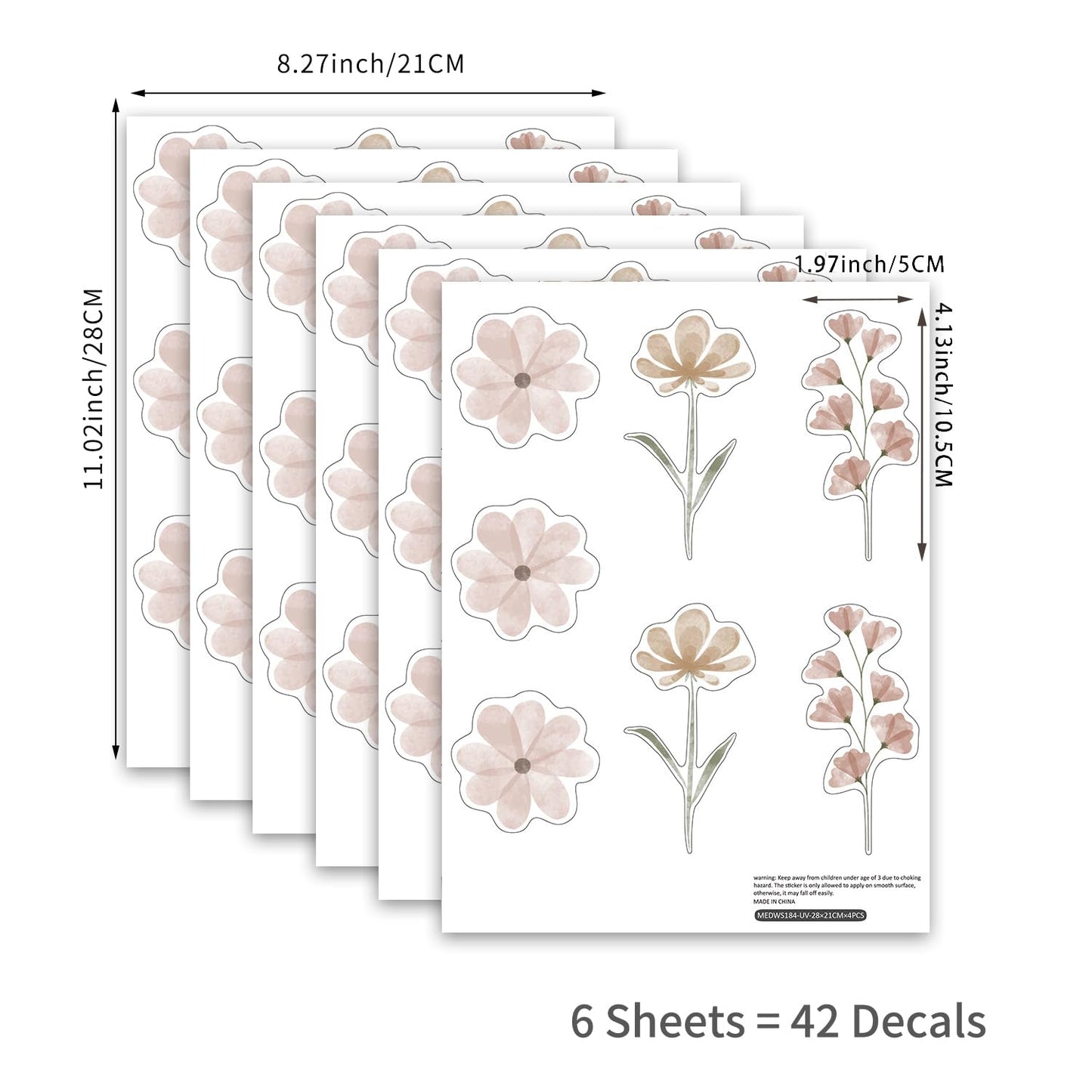 YouRfocus Daisy Wall Decals | 42 PCS Boho Flower Stickers for Girls' Rooms, Playrooms, and Nurseries | Dual Layer Print for High Coverage | Removable Peel and Stick Wall Decor (Pink-B) | 6 Sheets