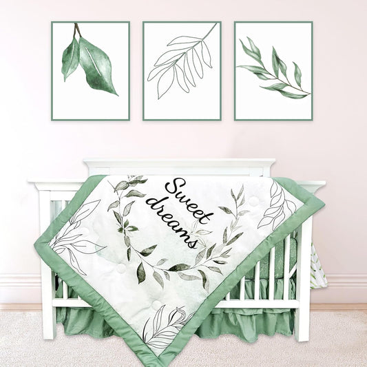 Green Leaf Crib Bedding Set, 4-Piece Baby Boy Bedding Set, Neutral Nursery Bedding Set, Fitted Crib Sheet, Crib Skirt, Baby Quilt, and Diaper Stacker, Sage