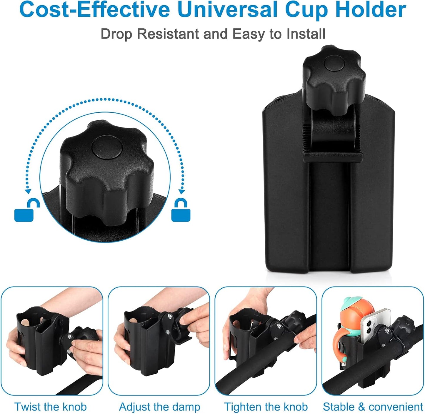 Accmor Stroller Cup Holder with Phone Holder, Universal Cup Holder, Bike Cup Holder, 360° Rotatable Large Caliber Drinks Holder for Stroller, Bike, Wheelchair, Walker