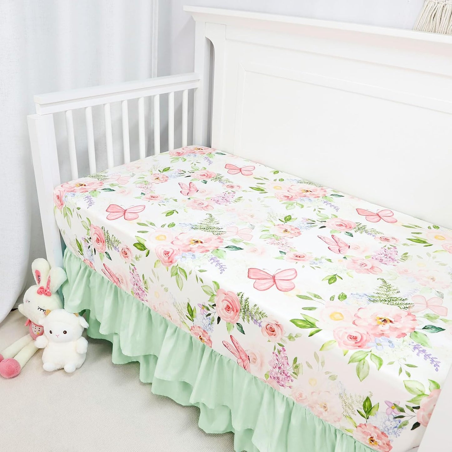 4-Piece Crib Bedding Set, Baby Girl Crib Bedding Set Butterflies Floral Nursery Bedding Set Includes Comforter, Fitted Crib Sheet, Crib Skirt, and Diaper Stacker, Green & Pink