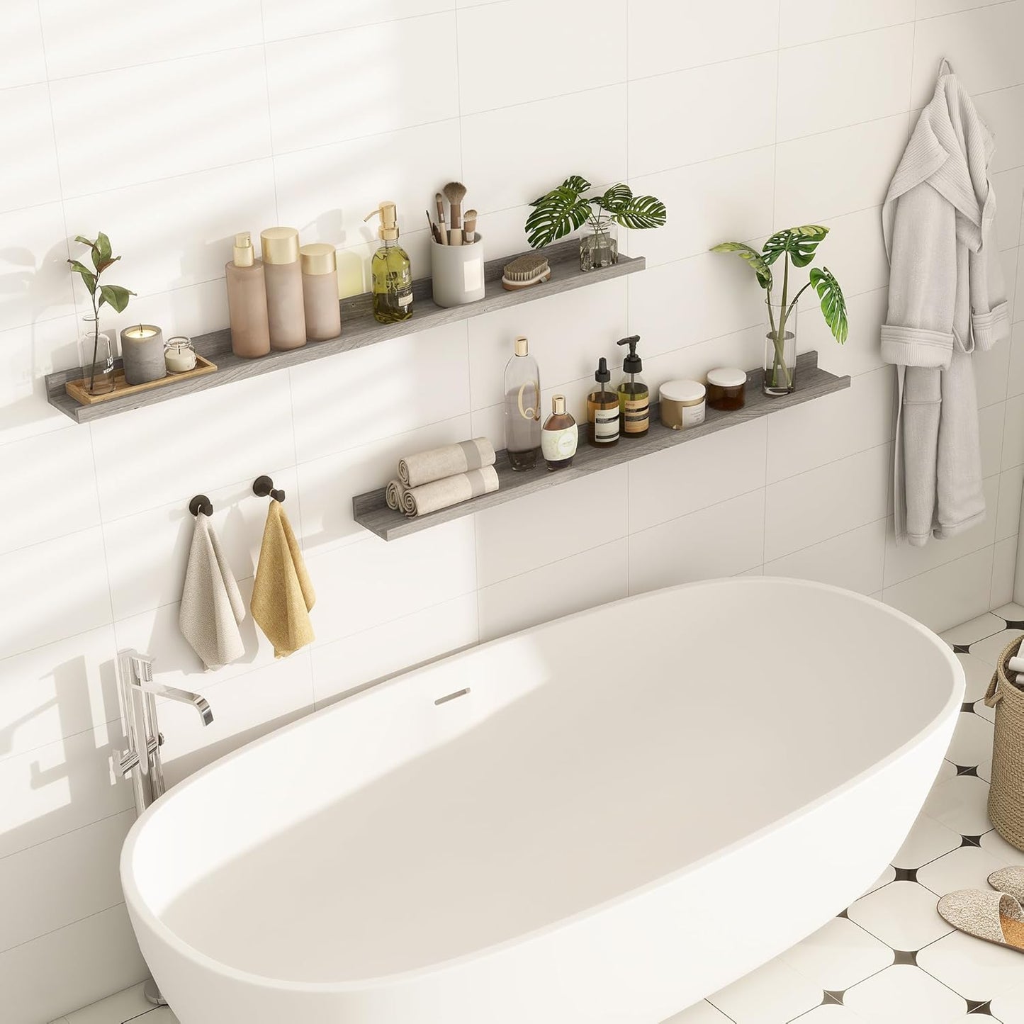 Picture Ledge Shelf, 48 Inch Long Floating Shelves for Wall, Nursery Bookshelf for Storage with Lip, Rustic Elm Wood Photo Ledge Shelves for Bedroom, Living Room, Kitchen (Grey, 48in Set of 2)