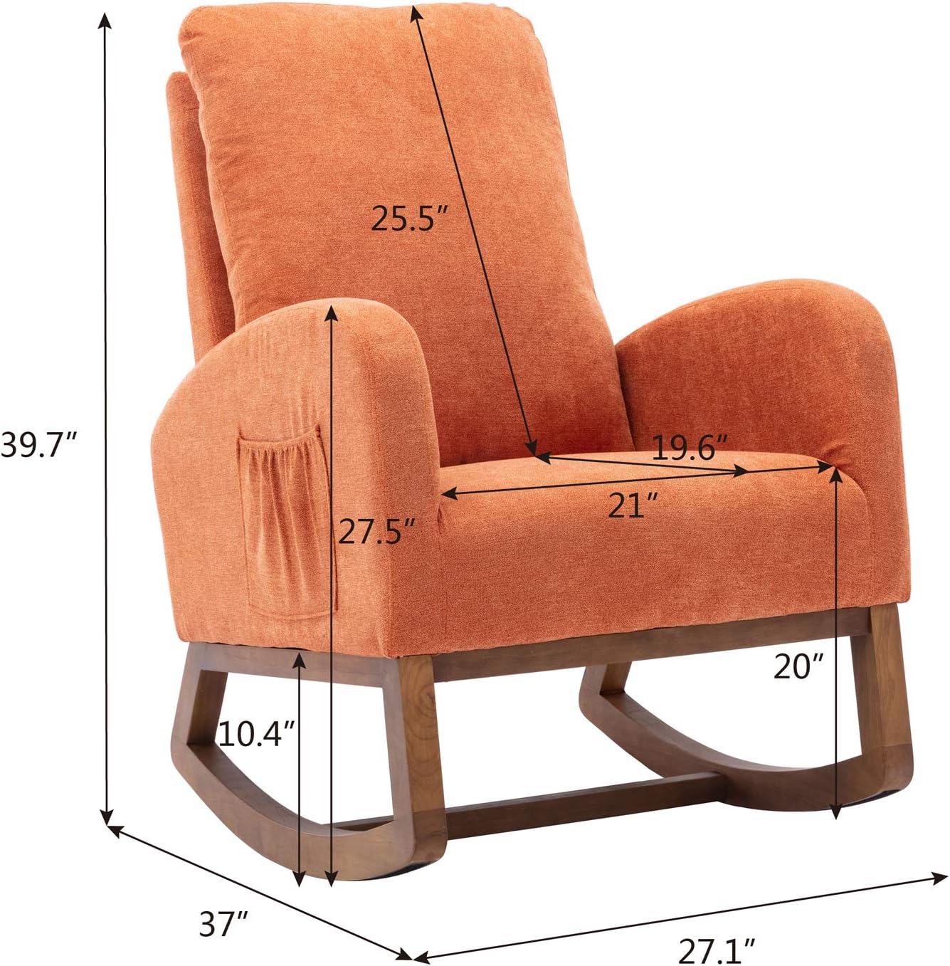 Dolonm Rocking Chair Mid-Century Modern Nursery Rocking Armchair Upholstered Tall Back Accent Glider Rocker for Living Room (Orange)