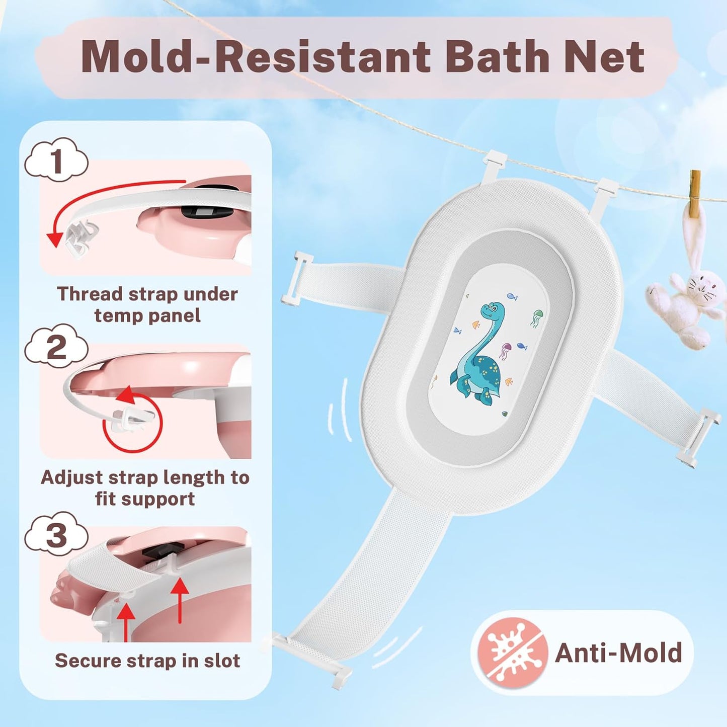 AVIDOR Baby Bathtub,Collapsible Bathtub for Newborn to Toddler,Durable Essential Infant Bath Tub,Portable Travel Baby Tub with Soft Bath Net,No-Slip Feet and Dinosaur Shaped (Pink)