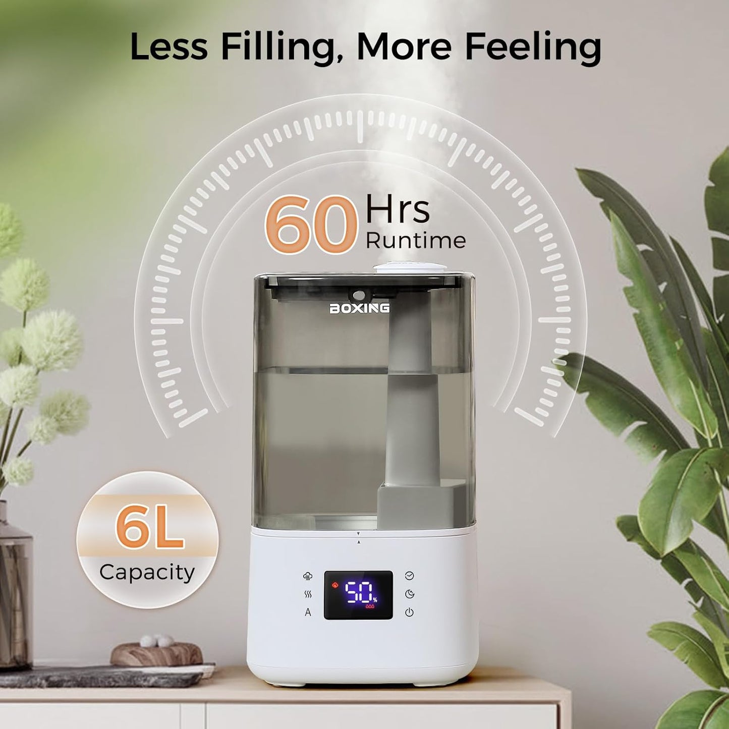 BOXING 6L Warm & Cool Mist Humidifiers for Bedroom, Air Humidfier for Large Room with Remote Control, Auto Mode Perfect for Baby & Plants, Top Fill, Sleep Mode, Timer, Essential Oil Tray, 60H