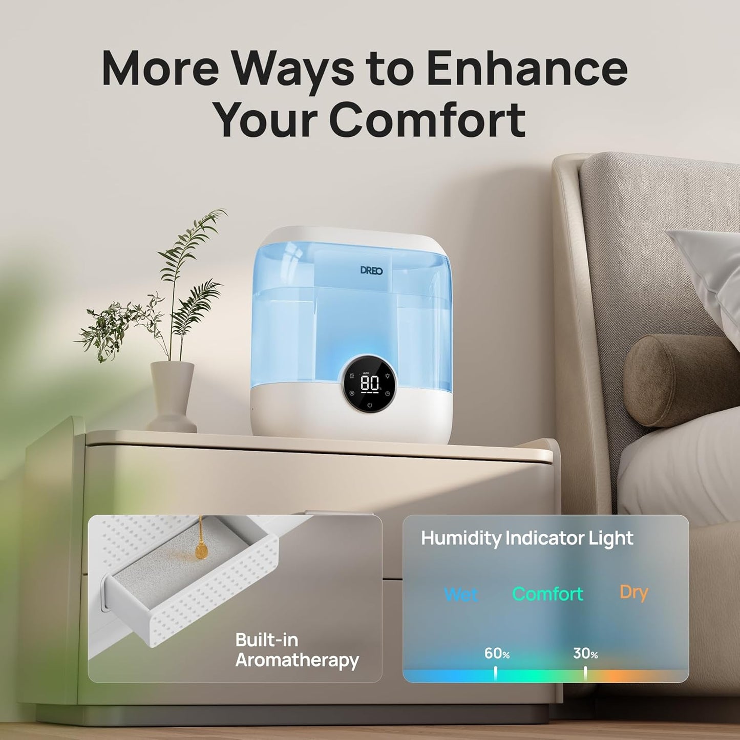 Dreo Humidifiers for Bedroom, 6L Top Fill Quiet Supersized Cool Mist Humidifier for Large Room, 60 Hour Runtime, Ultrasonic Humidifiers for Home, Baby, Plant, Indoor, Night Light, Blue