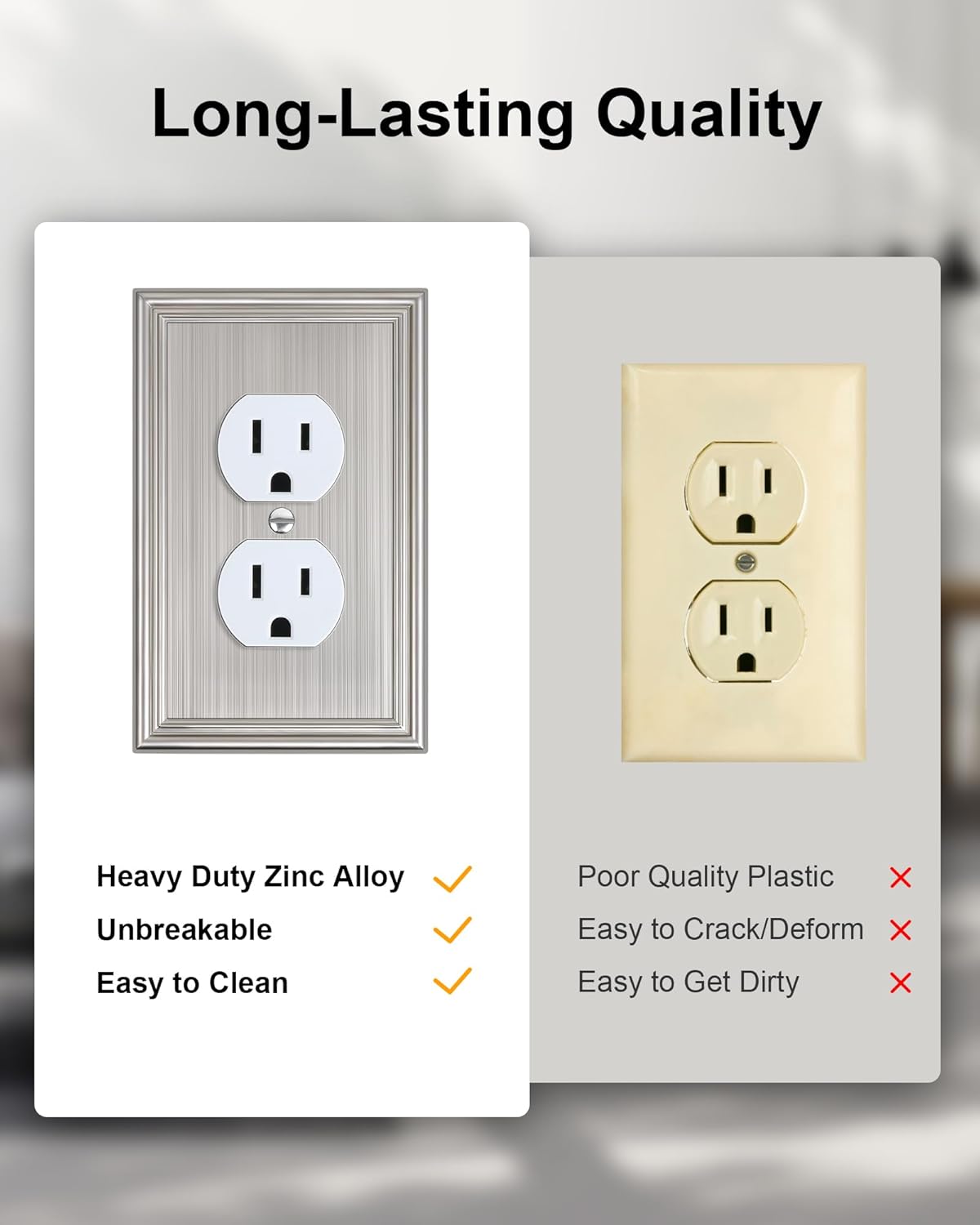 2-Pack Single Duplex Outlet Cover Plate, Decorative Brushed Nickel Switch Plates and Outlet Covers, Metal Wall Plates for Electrical Outlets, 1 Gang Receptacle Cover, Corrosion Resistant