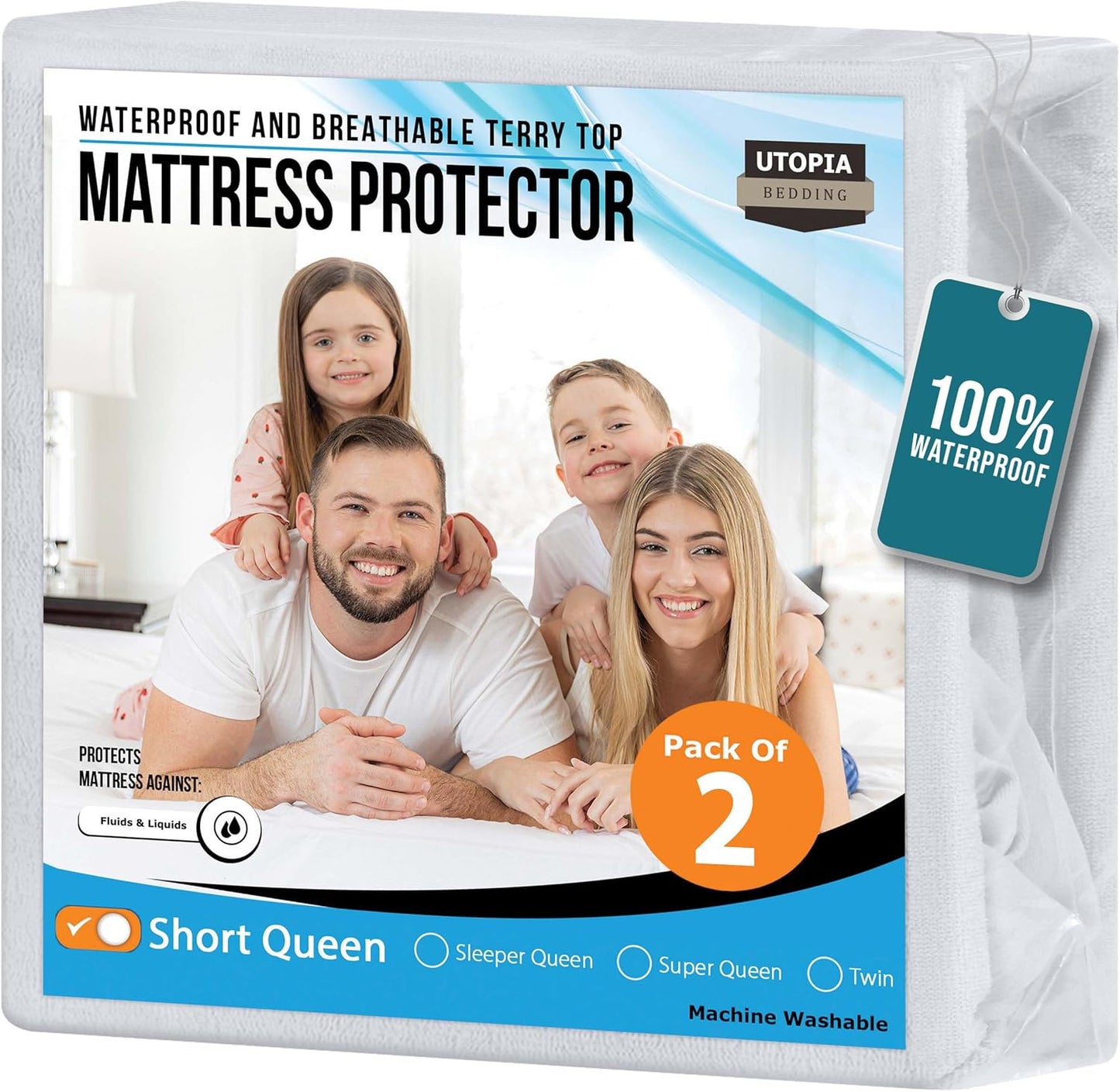 Utopia Bedding Waterproof Mattress Protector Short Queen Size 2 Pack, 200 GSM Breathable Terry Mattress Cover, Fitted Style with Stretchable Pockets (White)