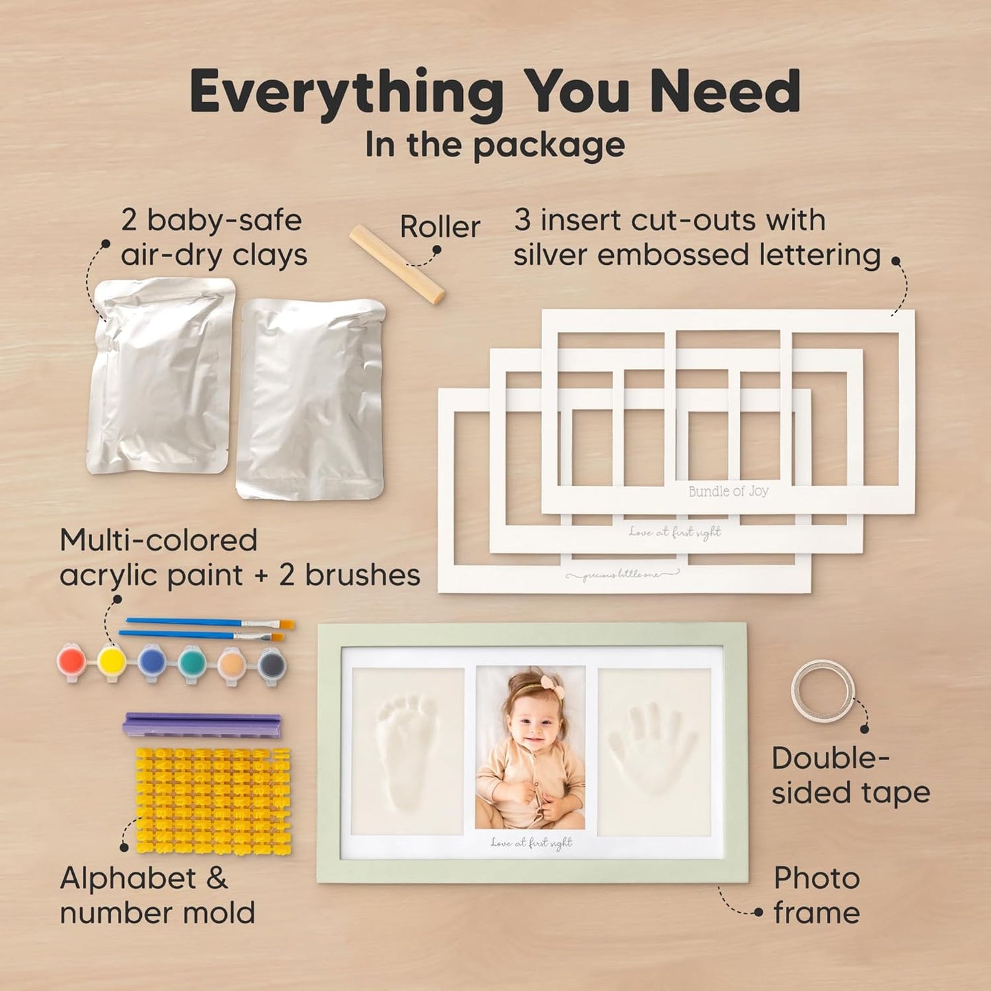 Baby Hand and Footprint Kit - Clay Handprint Keepsake Frame, Newborn Nursery Picture Frame, Personalized New Mom Gifts for Baby Shower & Registry (Sage)