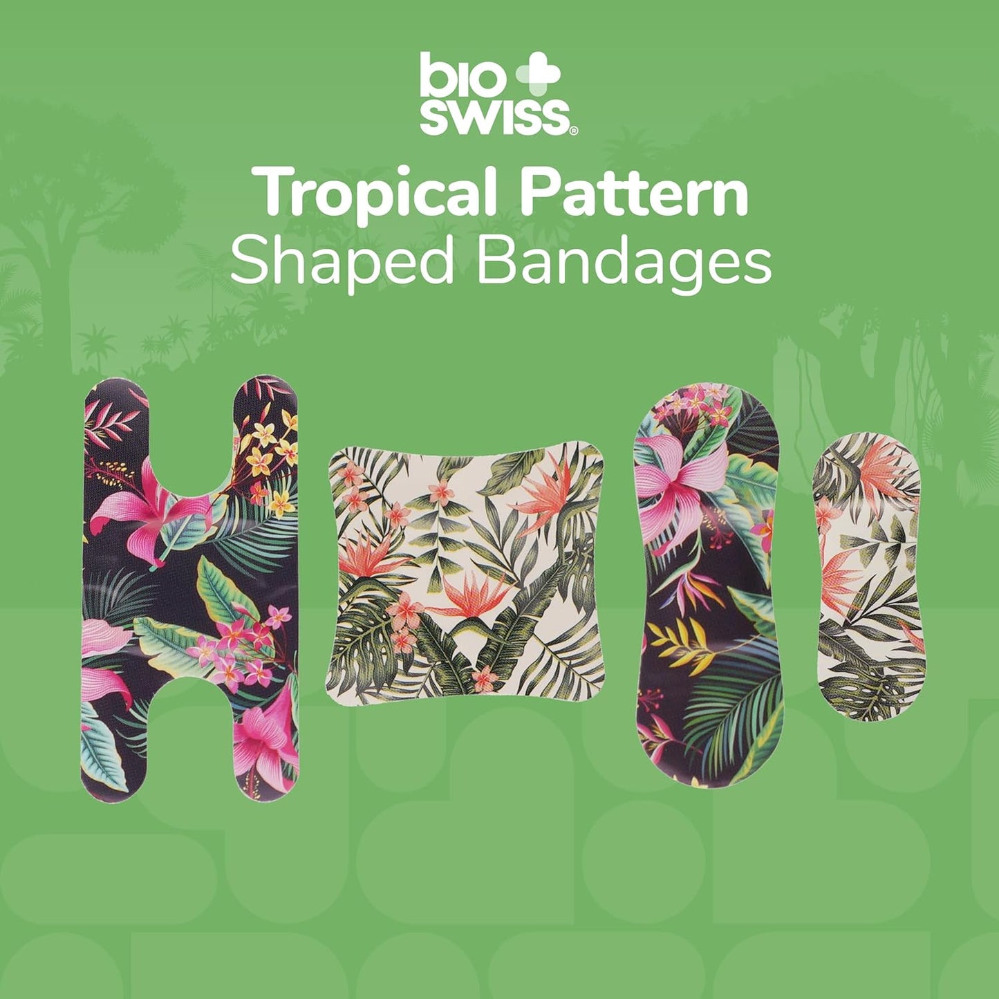 BioSwiss Bandages, Assorted Size Tropical Print Self Adhesive Bandage, Latex Free Sterile Wound Care, First Aid Kit Supplies for Kids and Adults, 60 Count