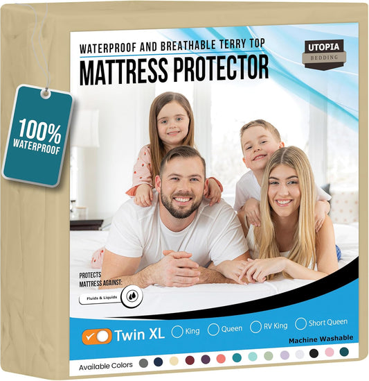 Utopia Bedding Waterproof Mattress Protector Twin XL Size, Premium Terry Mattress Cover 200 GSM, Breathable, Fitted Style with Stretchable Pockets (Beige)